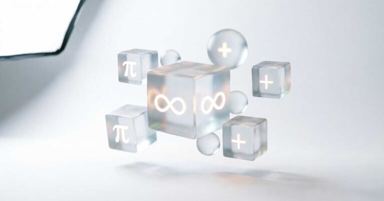 Floating translucent 3D cubes and spheres with glowing mathematical symbols on a white background.