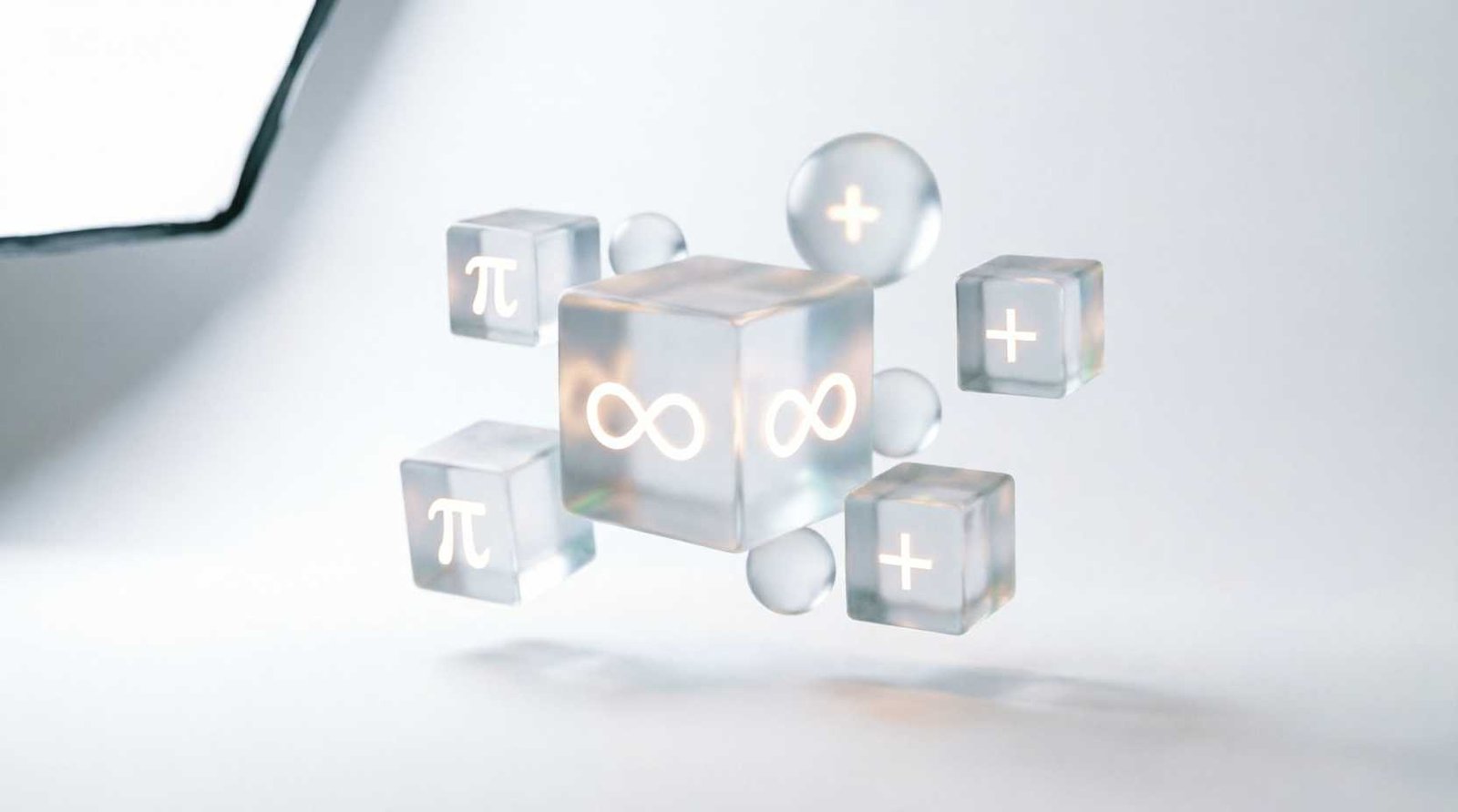Floating translucent 3D cubes and spheres with glowing mathematical symbols on a white background.