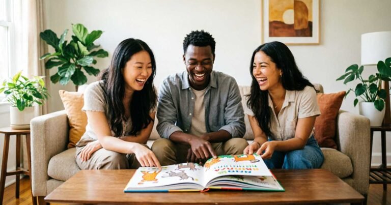 Three friends laughing joyfully at a funny riddles book in a cozy living room.