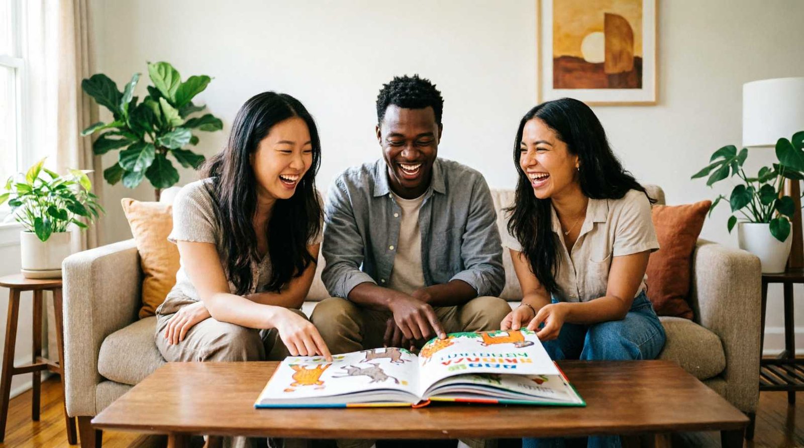 Three friends laughing joyfully at a funny riddles book in a cozy living room.